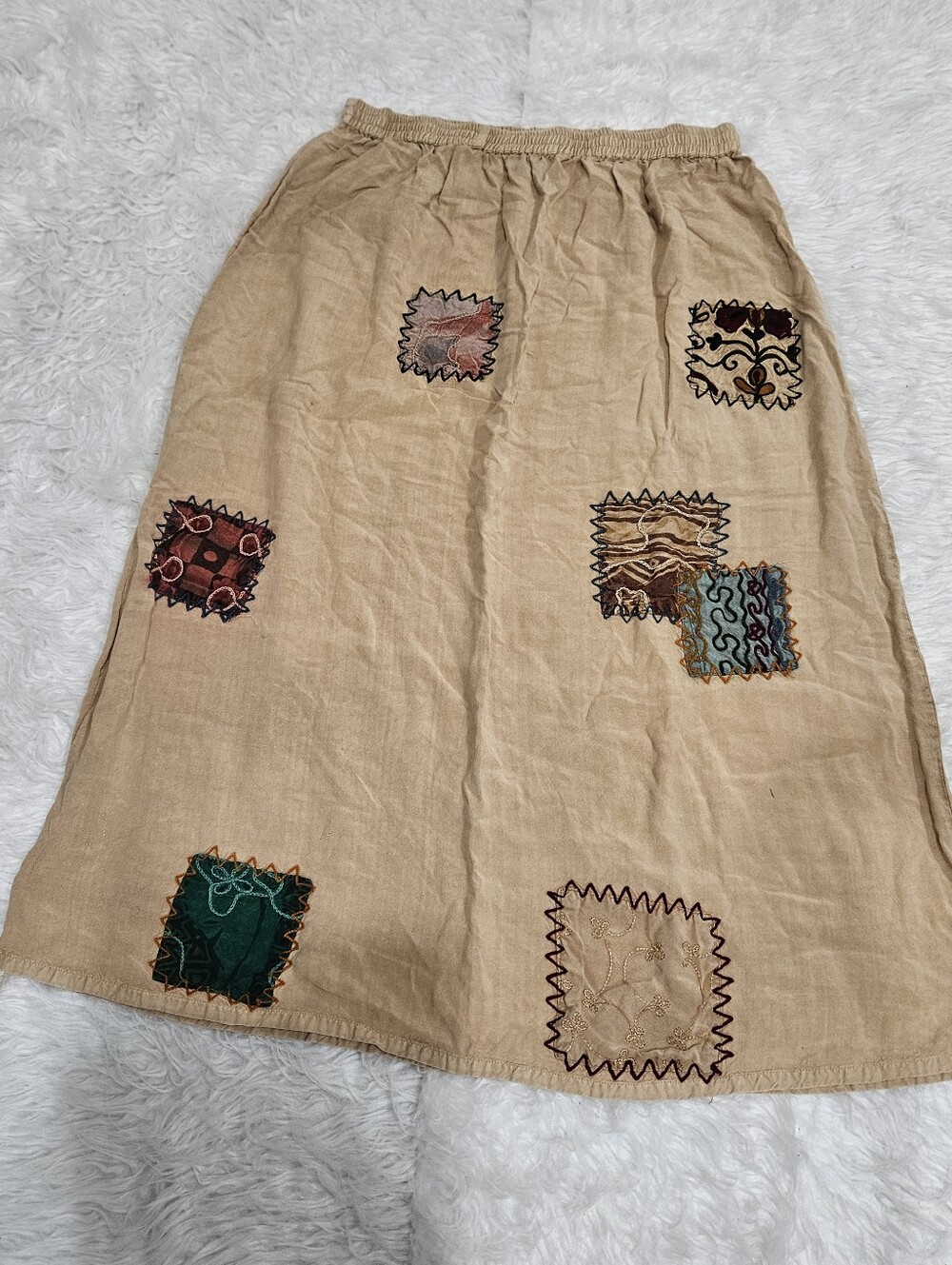 Vintage Beige Patchwork Embroidered Midi Skirt